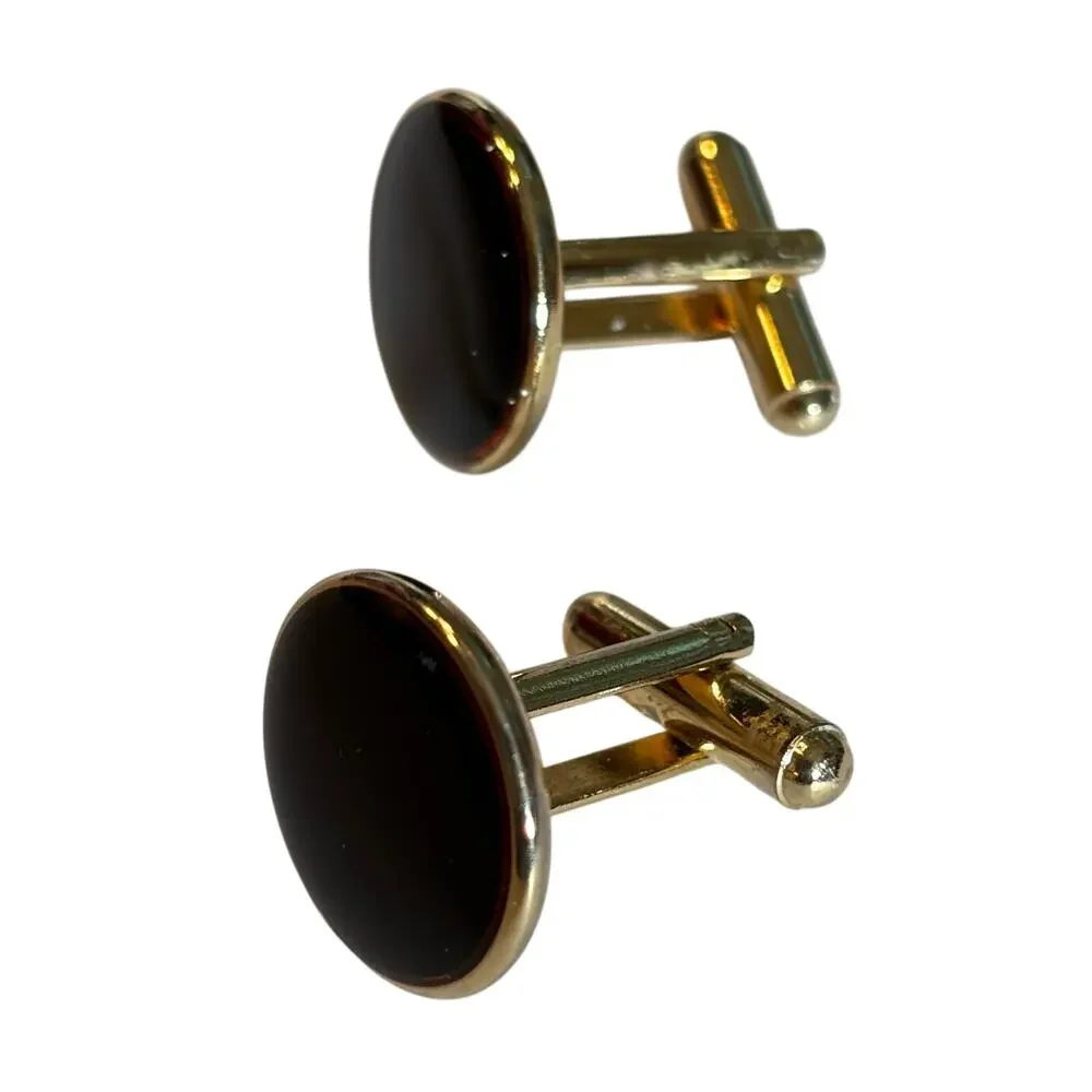 Vintage Mid Century Goldtone & Black Enamel Cufflinks 1970's Mens Suit Jewelry
